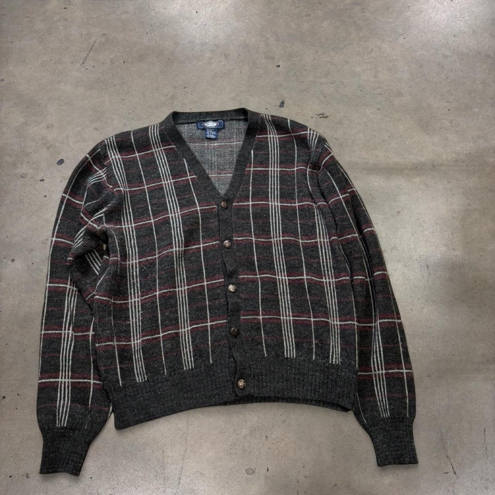 Vintage 80s Hemingway Point Plaid Grey Cardigan Sweater Wool Blend Large
